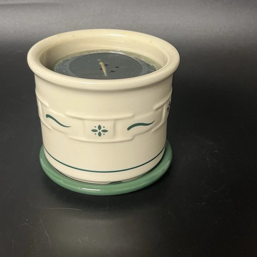 Longaberger Pottery Green Woven Traditions pint Crock, Lid, Coaster & New Candle